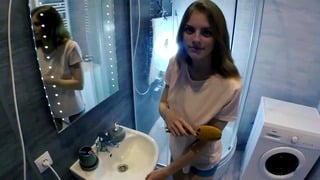 Bro Cums On Face Of His Step Sis While Parents Talk With Guests